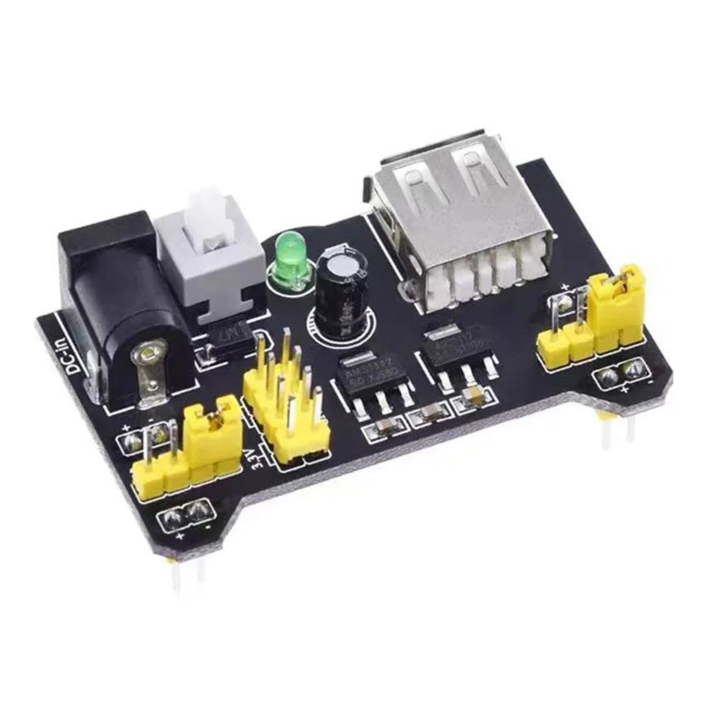 MB-102 麵包板電源模組，支援 3.3V 及 5V 雙路輸出，DC 6.5-12V 輸入，適用於 Arduino STEM 電子實驗。