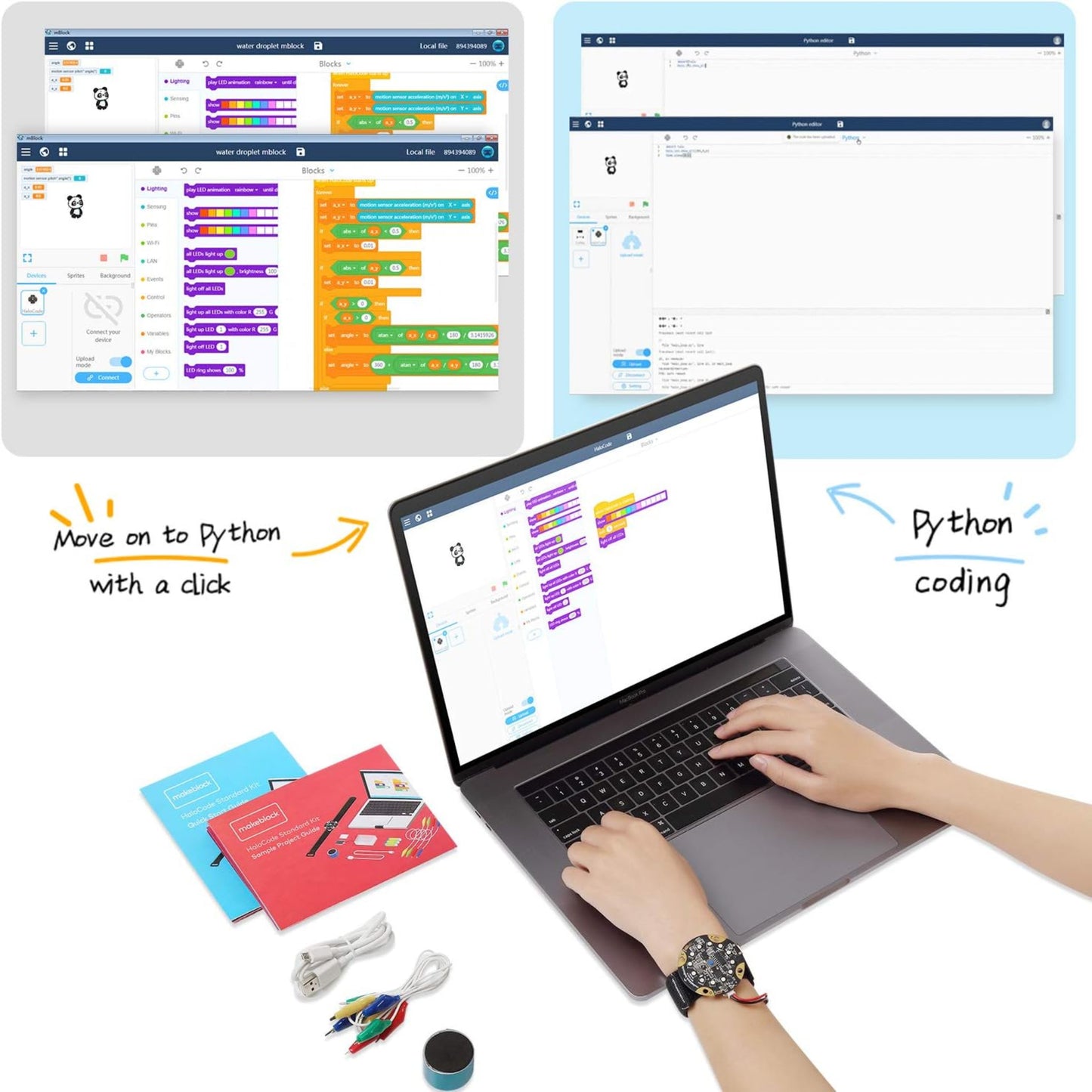 A laptop displaying the mBlock 5 software, demonstrating the seamless one-click transition from Scratch block coding to Python.