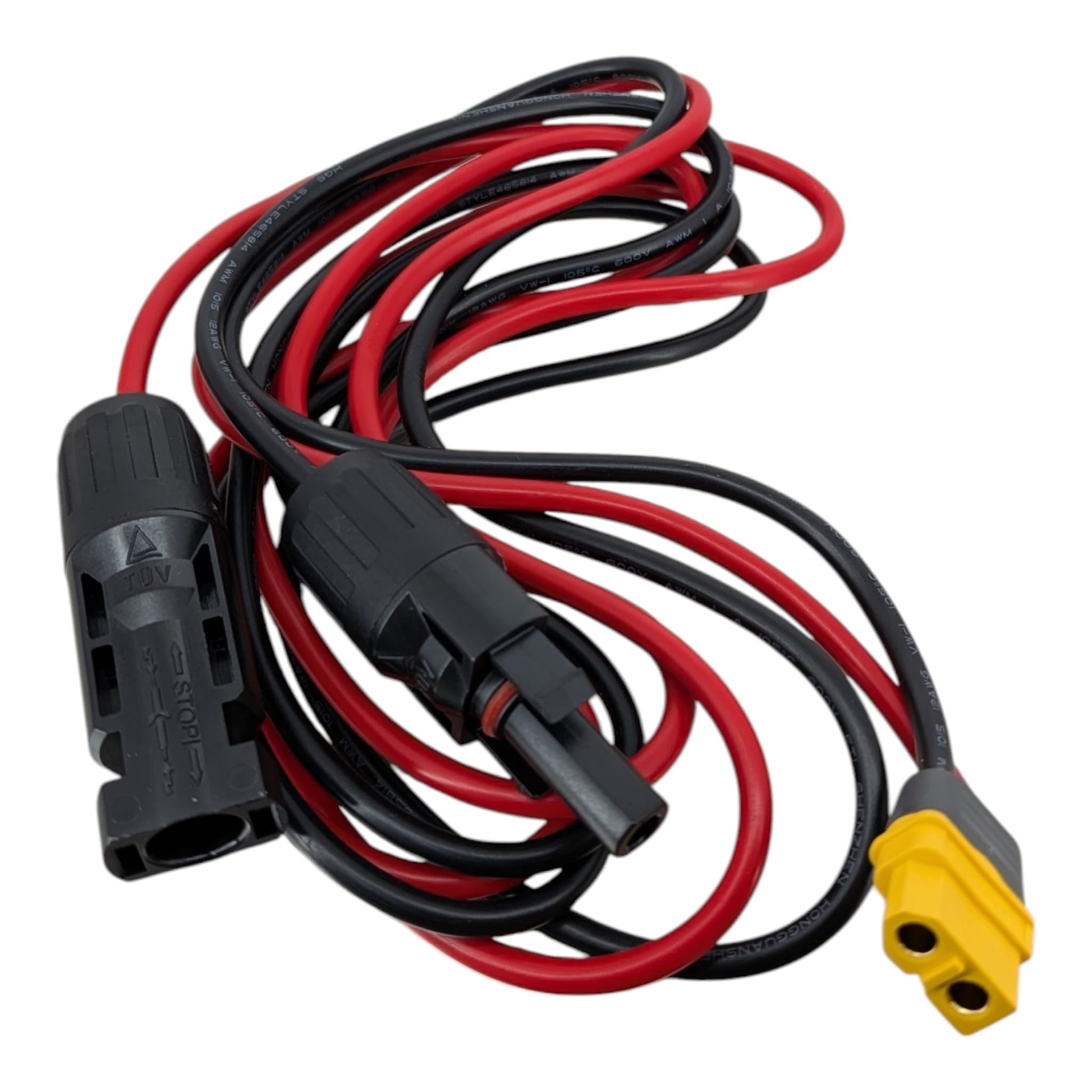 Solar MC4 to XT60 adapter cable with 12AWG pure copper wire and waterproof connectors.