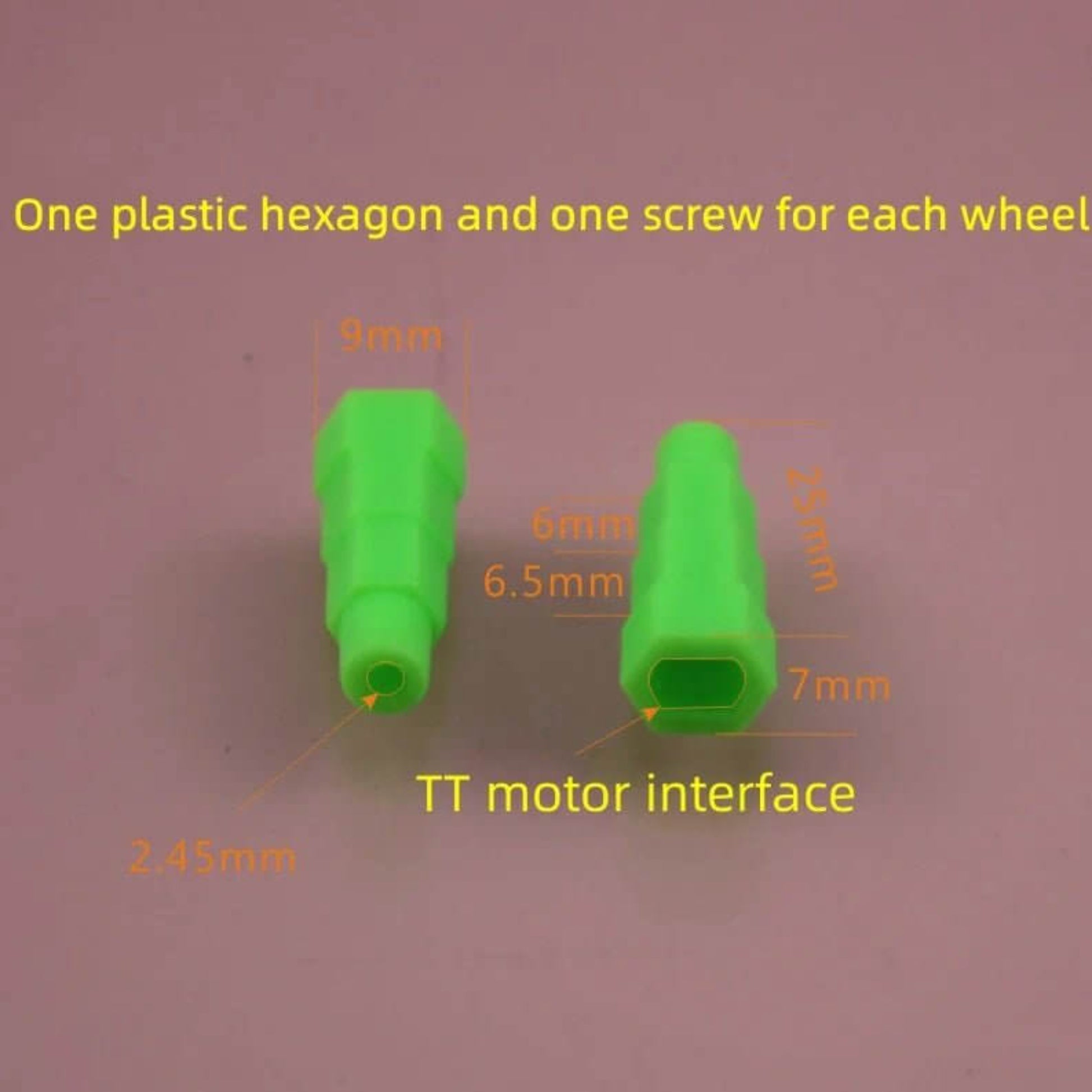 Green plastic hexagon adapter and screw for Mecanum wheel, showing 2.45mm and TT motor interface.