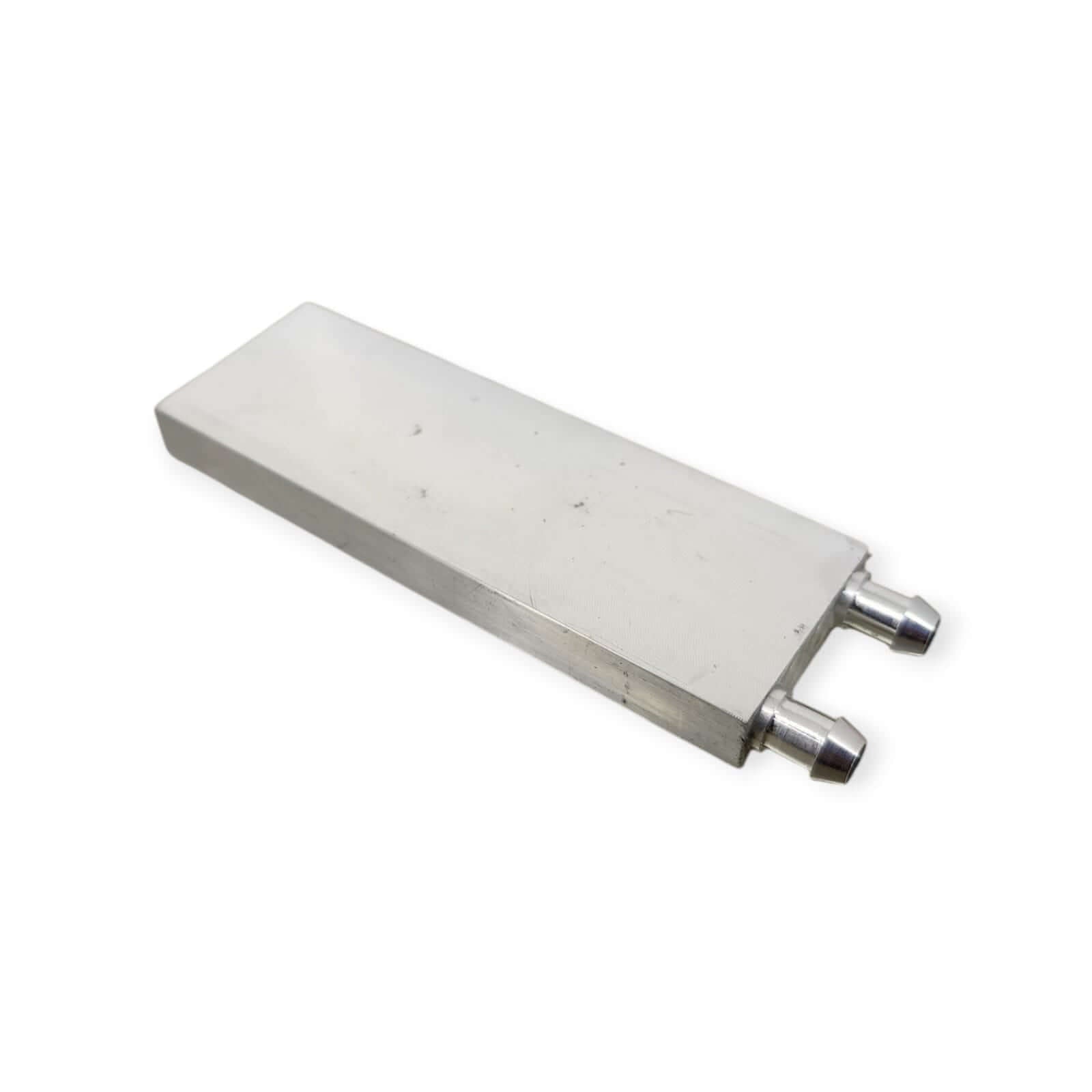 Aluminum water cooling block for CPU, GPU, and industrial applications with dual inlet/outlet fittings.