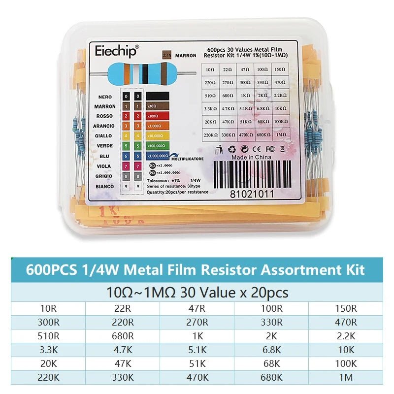 600pcs 1/4W Metal Film Resistor Kit - 30 Values (10Ω - 1MΩ) - Sun Cheong Computer Company Limited
