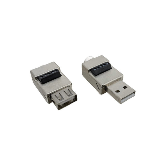 高質金屬殼 USB 2.0 免焊接頭的公頭及母頭款式，展示其 5-Pin 螺絲接線端子，適合香港 DIY 維修。