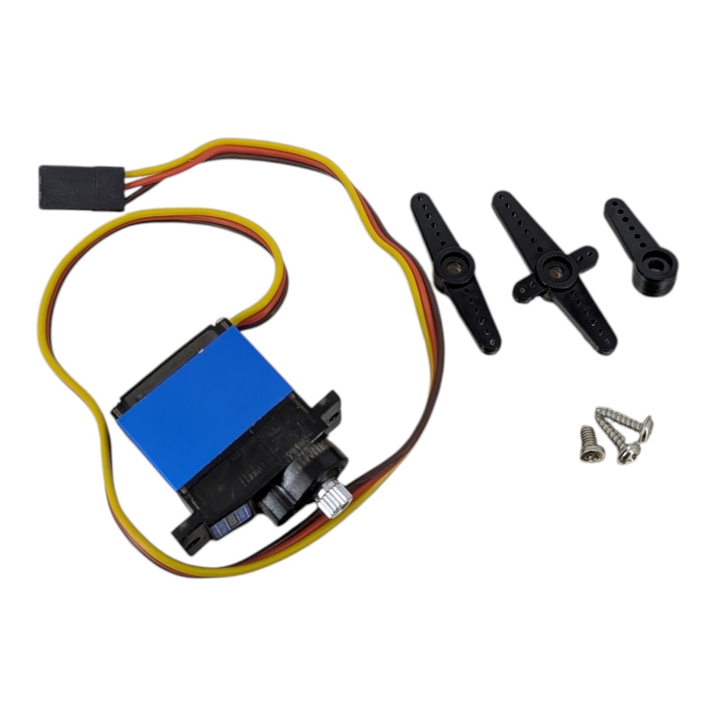 Complete MG92B micro servo kit including the digital servo, multiple black plastic servo horns, and mounting screws.