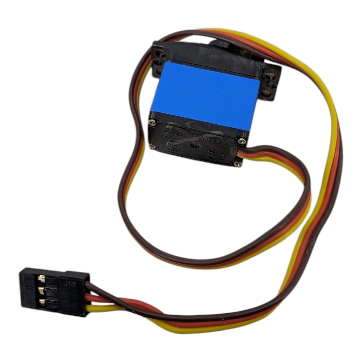 The MG92B digital metal gear micro servo featuring a blue alloy middle case and a standard JR plug connector.