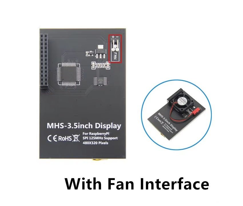 MHS 3.5 Inch Display for Raspberry Pi with fan interface and SPI support, 480x320 pixel resolution.