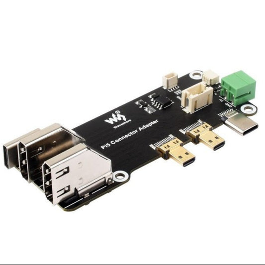 Micro HDMI to HDMI adapter board for Raspberry Pi 5 and 4B, featuring dual 4K outputs and power supply options.