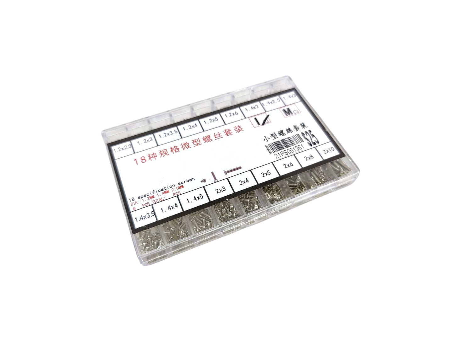 500pcs micro mechanical screw set with 18 specifications in a plastic organizer box, suitable for watch, glasses, and laptop repairs.