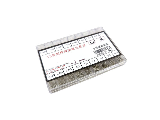 500pcs micro mechanical screw set with 18 specifications in a plastic organizer box, suitable for watch, glasses, and laptop repairs.