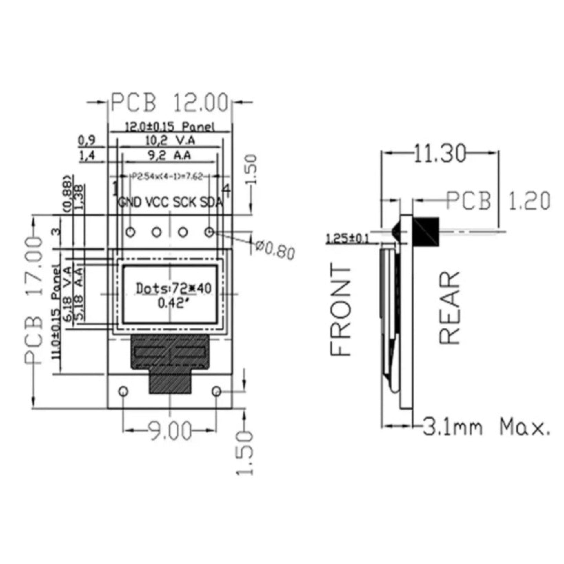 Technical schematic drawing showing 12x17mm dimensions of the 0.42 inch OLED screen.