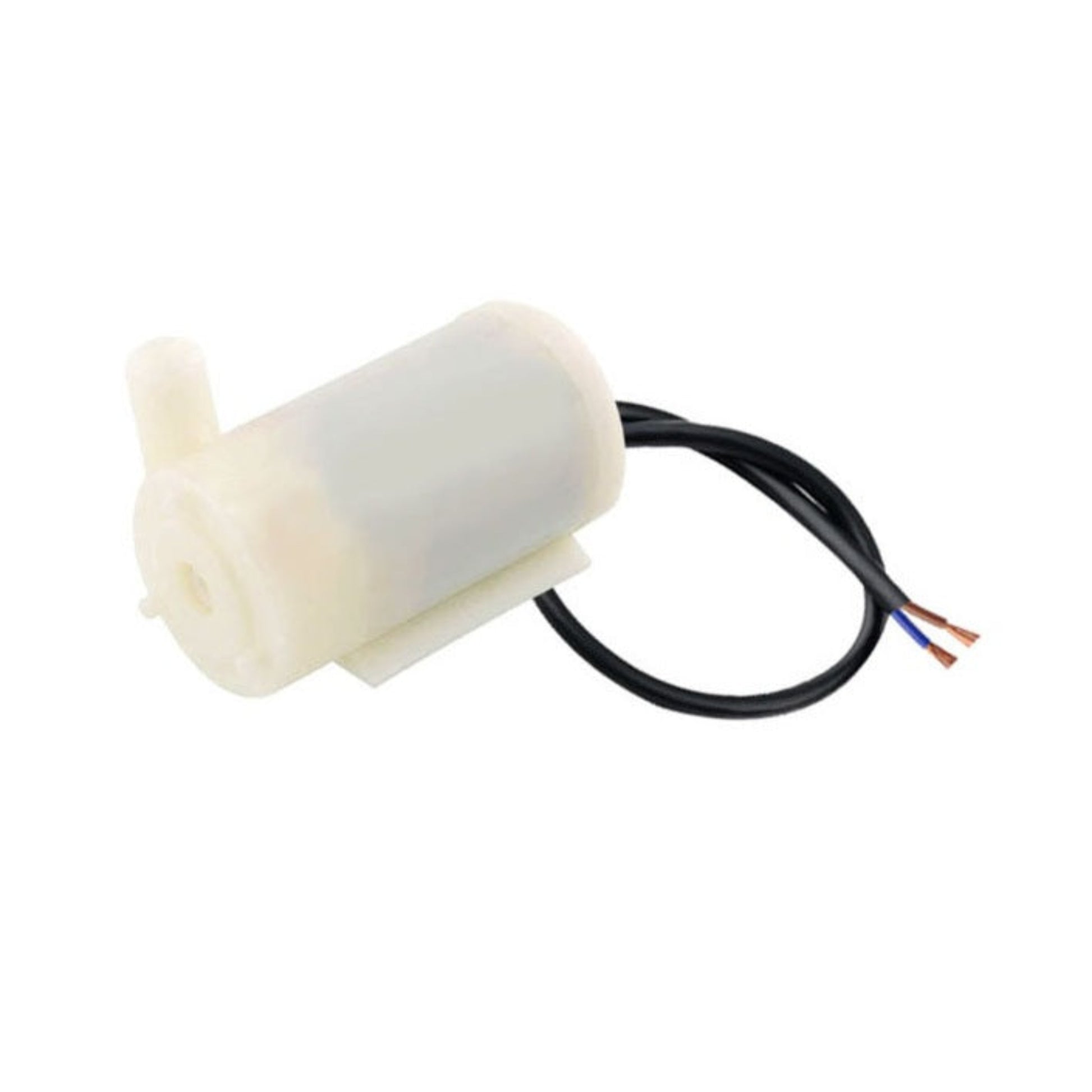 White micro submersible water pump DC 3-5V with power cables for DIY projects.