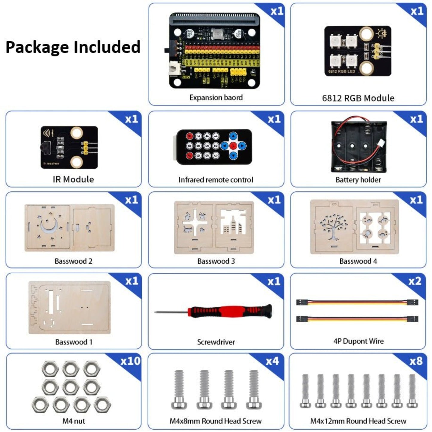 Contents of the Micro:bit DIY Colorful Light Box Kit including expansion board, RGB module, IR module, and more.
