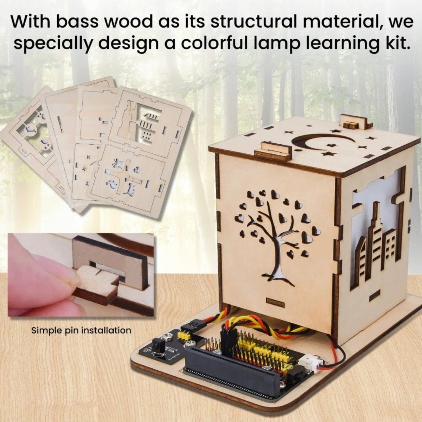Colorful DIY lamp learning kit made from bass wood, featuring easy pin installation and design templates.