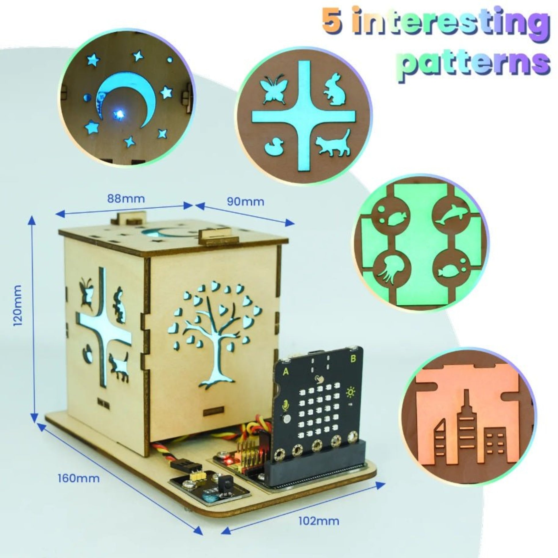 Micro:bit DIY colorful light box kit showcasing 5 patterns; includes dimensions and electronic components for programming.