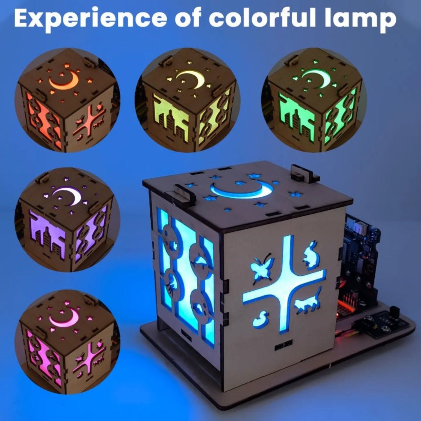 Colorful DIY light box with various illuminated designs showcasing the Keyestudio Micro:bit starter kit.