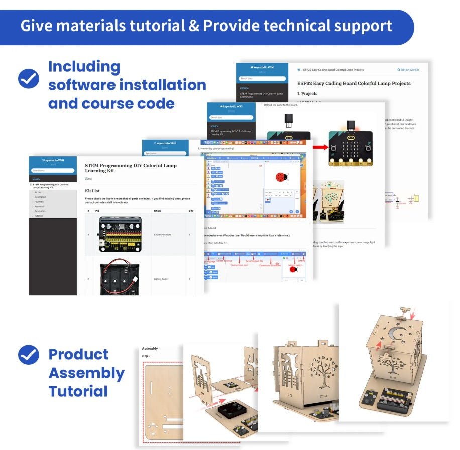 Screenshots of materials tutorial, coding projects, and assembly instructions for Micro:bit DIY Colorful Light Box Kit.