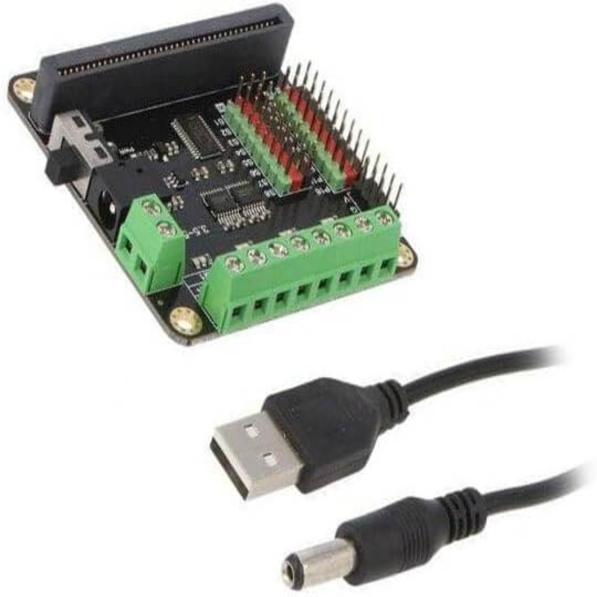DFRobot Micro:bit Driver Expansion Board (V1.0) with connectors and USB cable for robotics projects.
