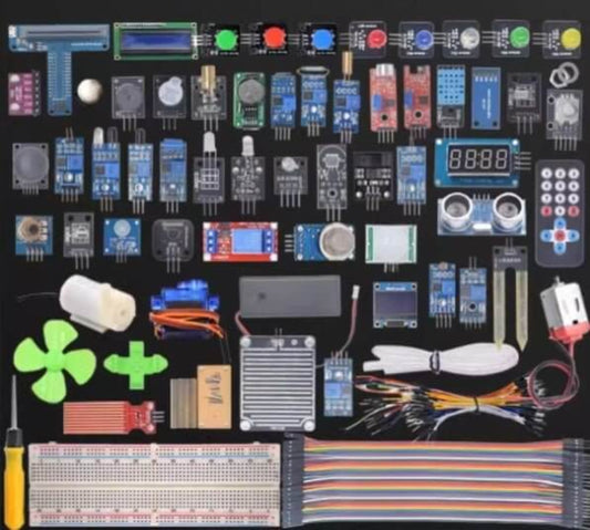Micro:bit starter kit components including sensors, LED lights, buzzer, breadboard, and cables for electronics projects.