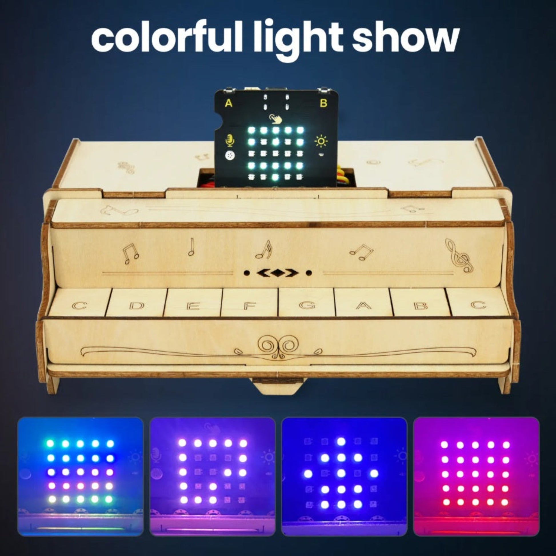 The micro:bit LED matrix displaying a colorful light show on the assembled STEM piano kit.