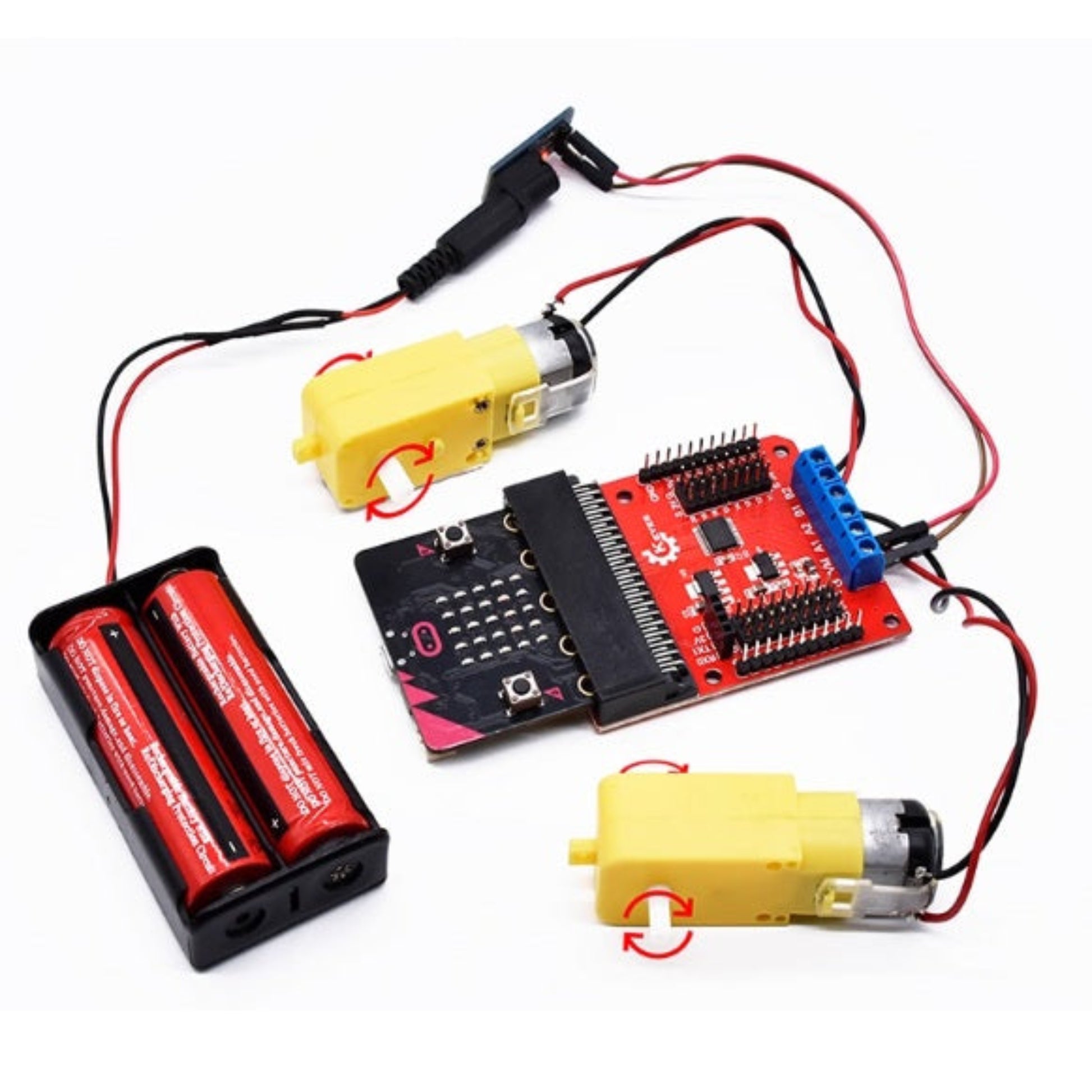 Wiring example connecting Micro:bit shield to two DC motors and battery pack.