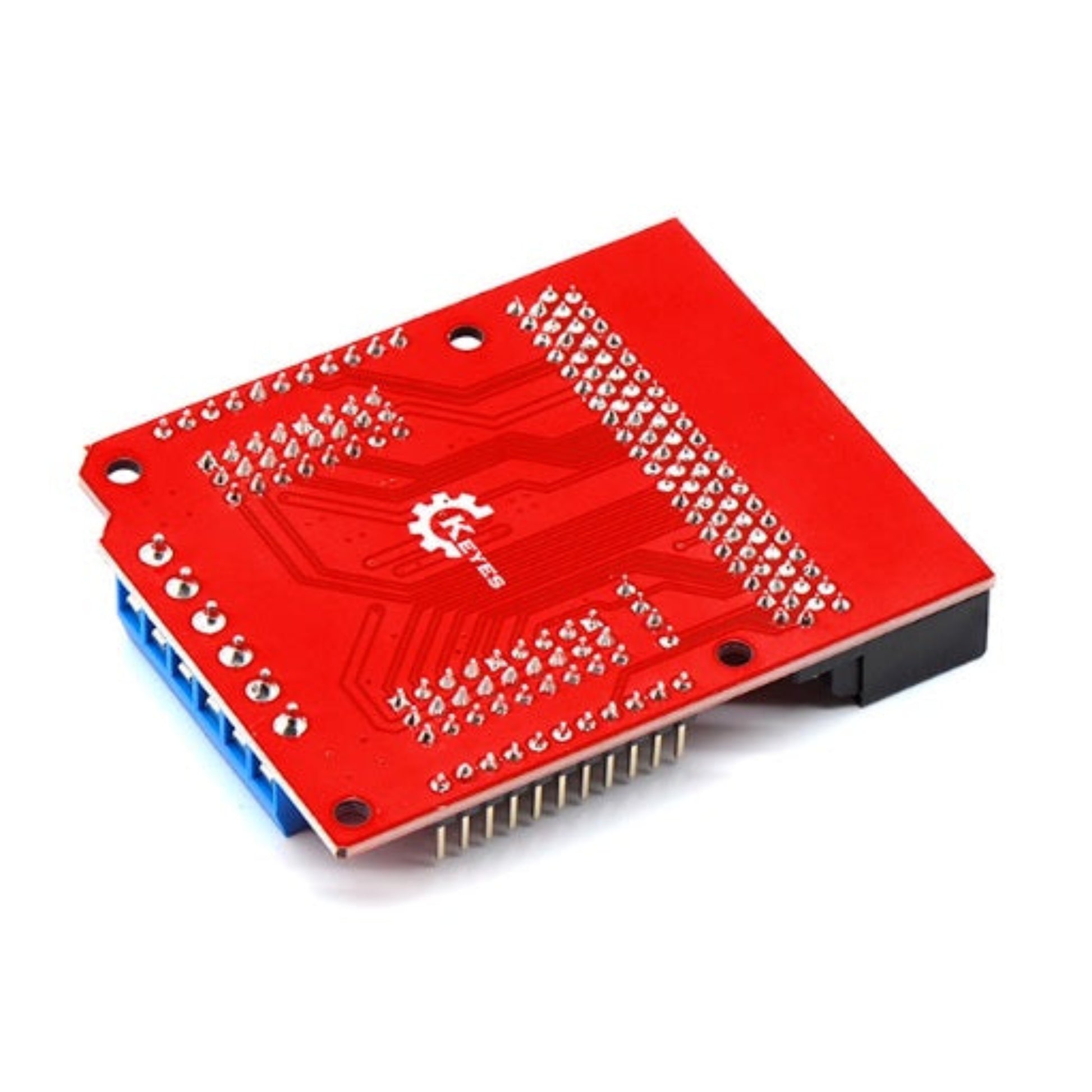 Back view of the red PCB Keyes motor driver expansion board.