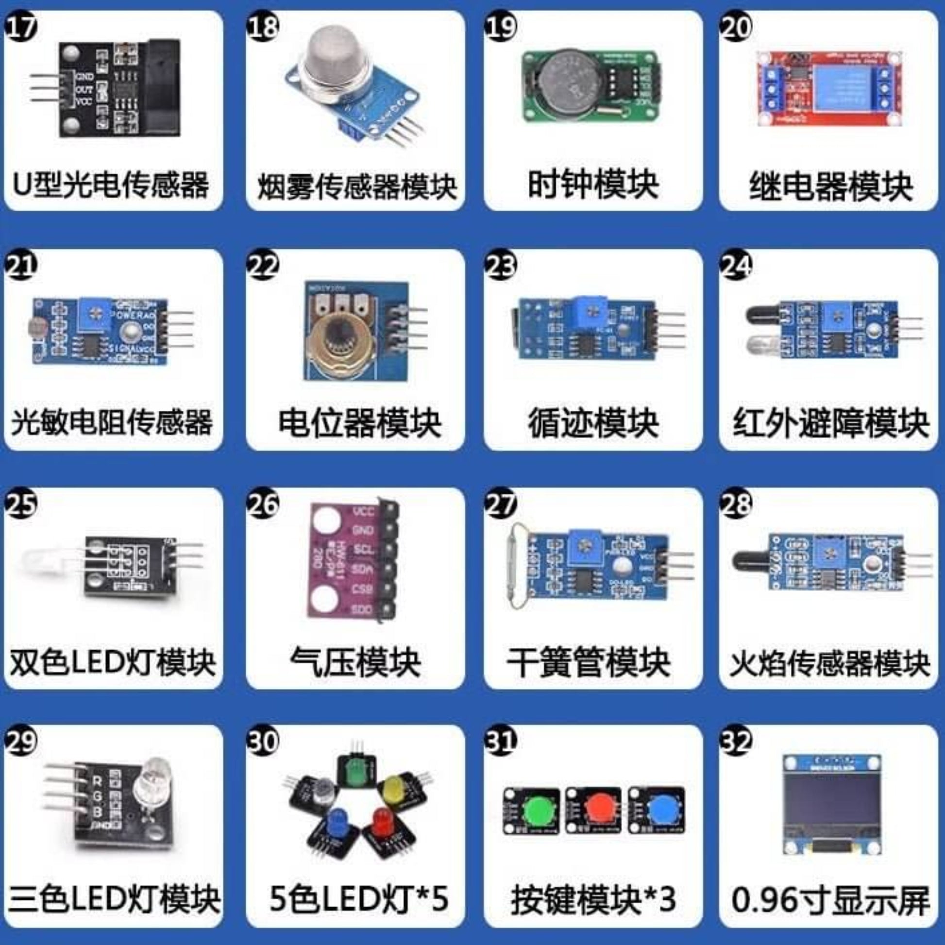 Collection of sensors and modules for Micro:bit Starter Kit, including LED, LCD, relays, and various electronics components.