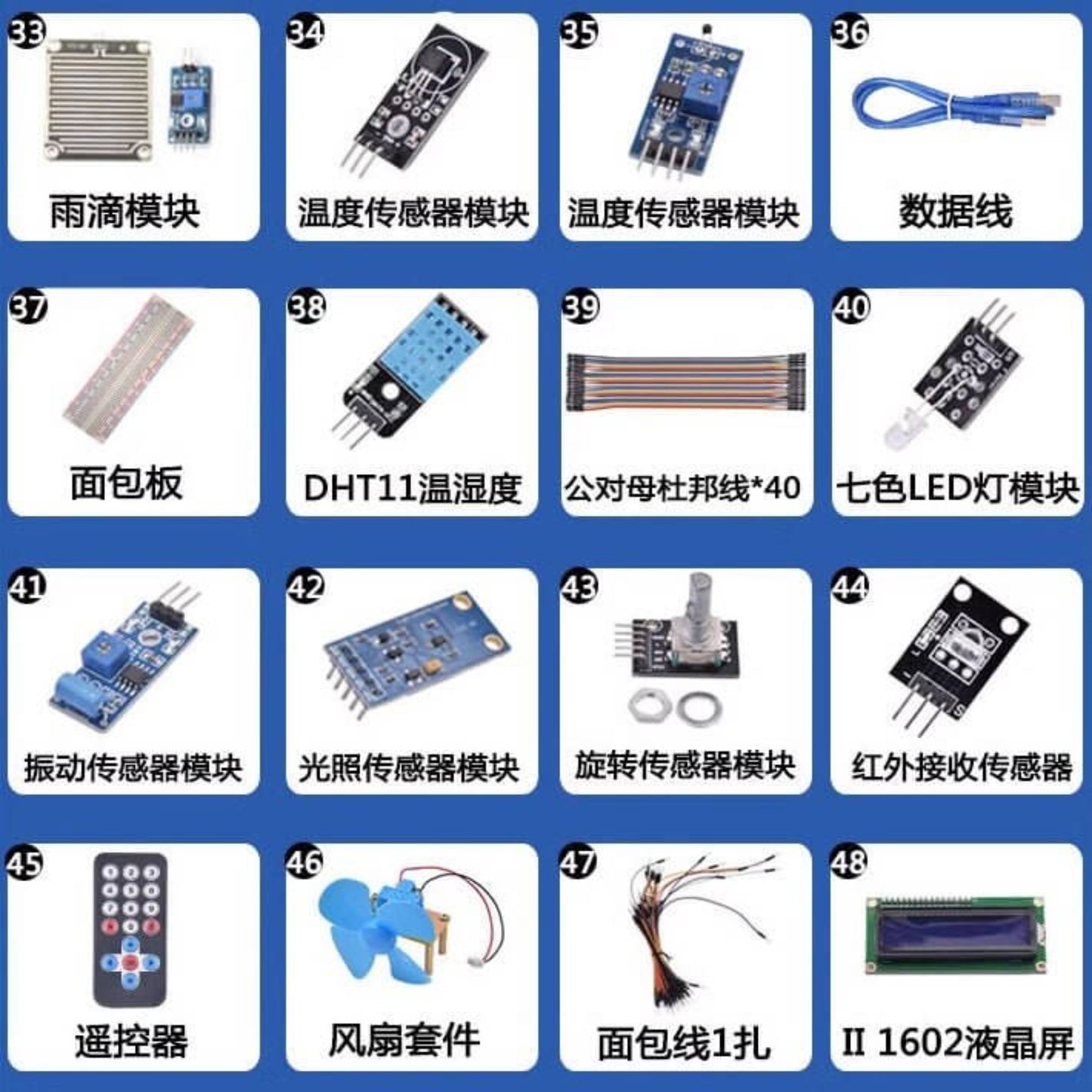 Collection of electronic components and sensors for micro:bit projects including displays, relays, and sensors.