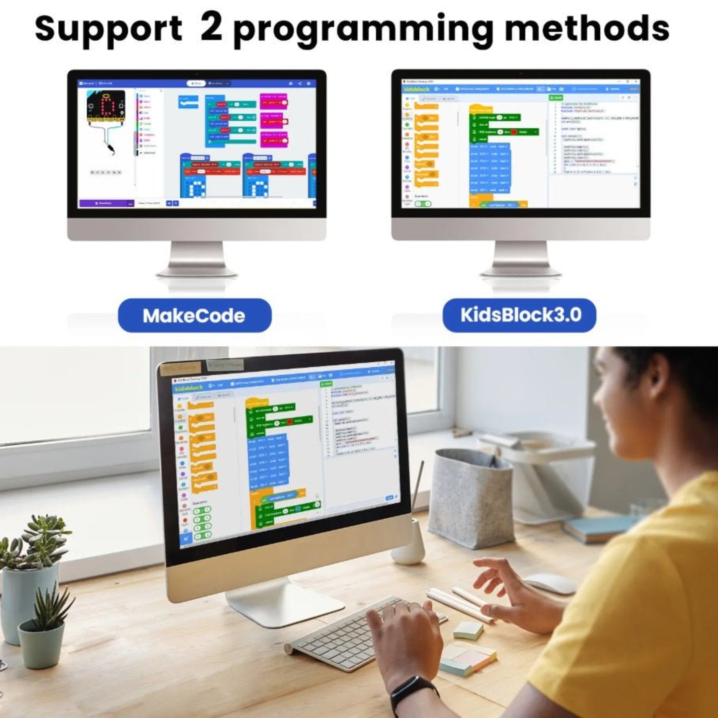 Image showing two programming methods for Micro:bit: MakeCode and KidsBlock3.0 on computers with a user engaging.