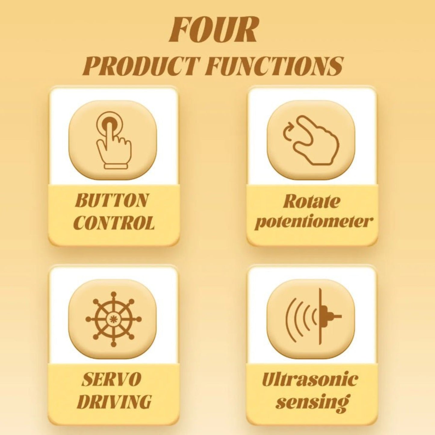 Four functions of the Micro:bit Thrower Kit: button control, rotate potentiometer, servo driving, ultrasonic sensing.