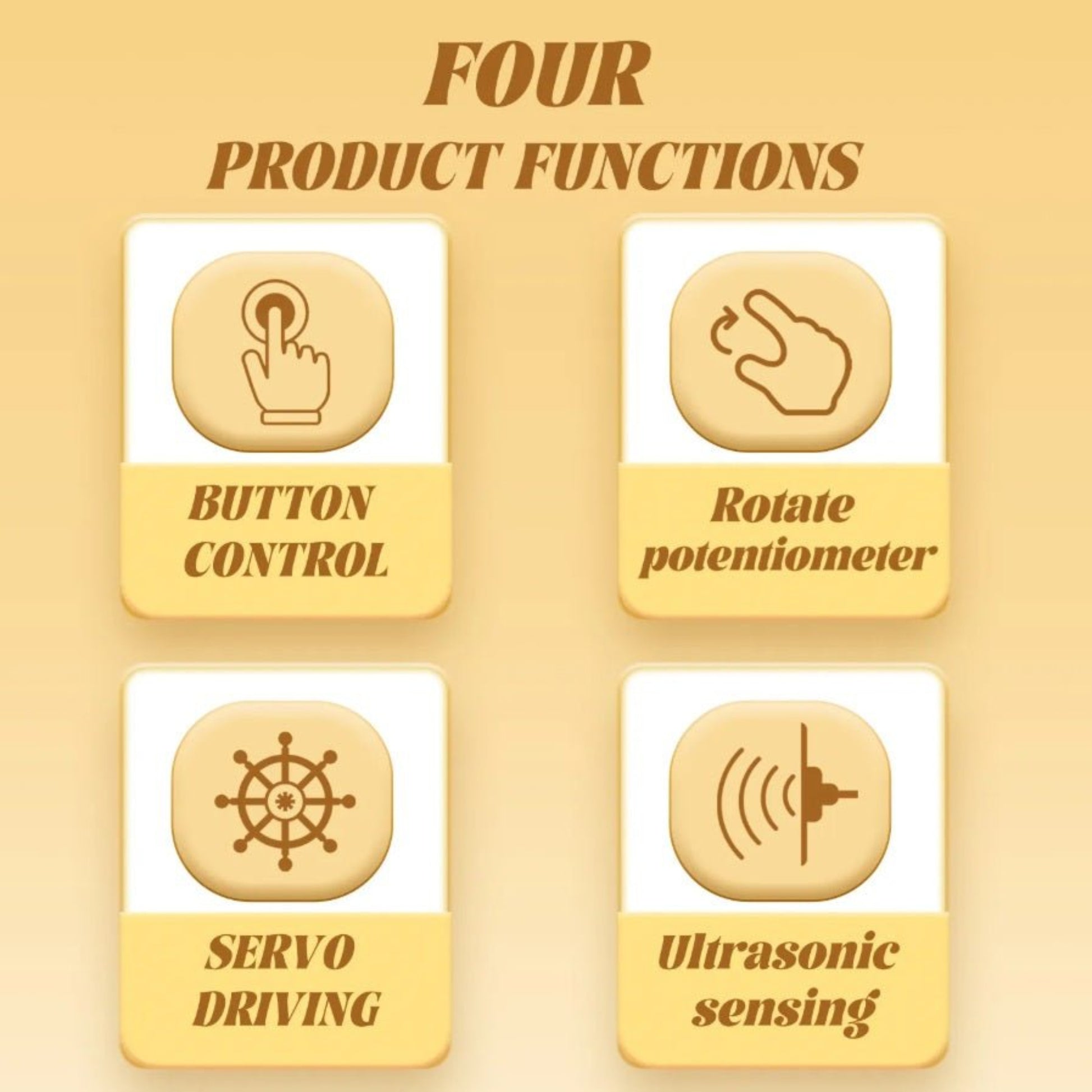 Four functions of the Micro:bit Thrower Kit: button control, rotate potentiometer, servo driving, ultrasonic sensing.