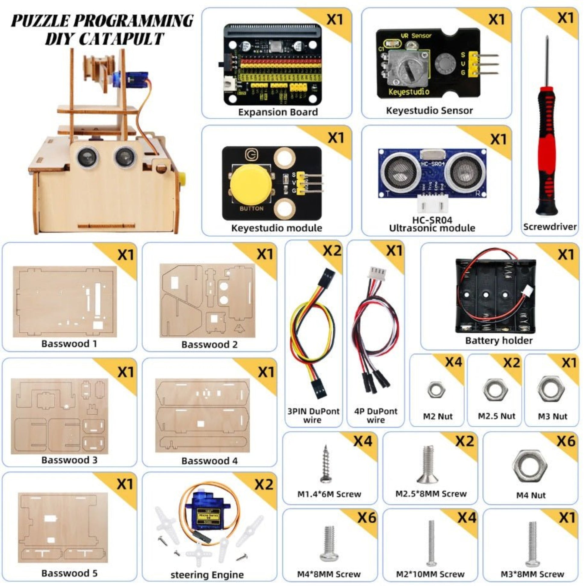 Micro:bit Thrower Learning Kit components including sensors, boards, and assembly tools for STEM education.