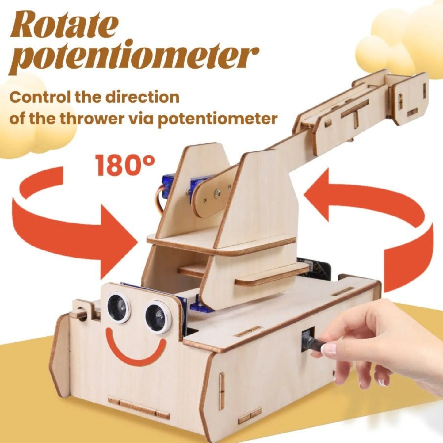 Micro:bit Thrower Learning Kit showcasing a wooden stone thrower toy, demonstrating direction control via potentiometer.