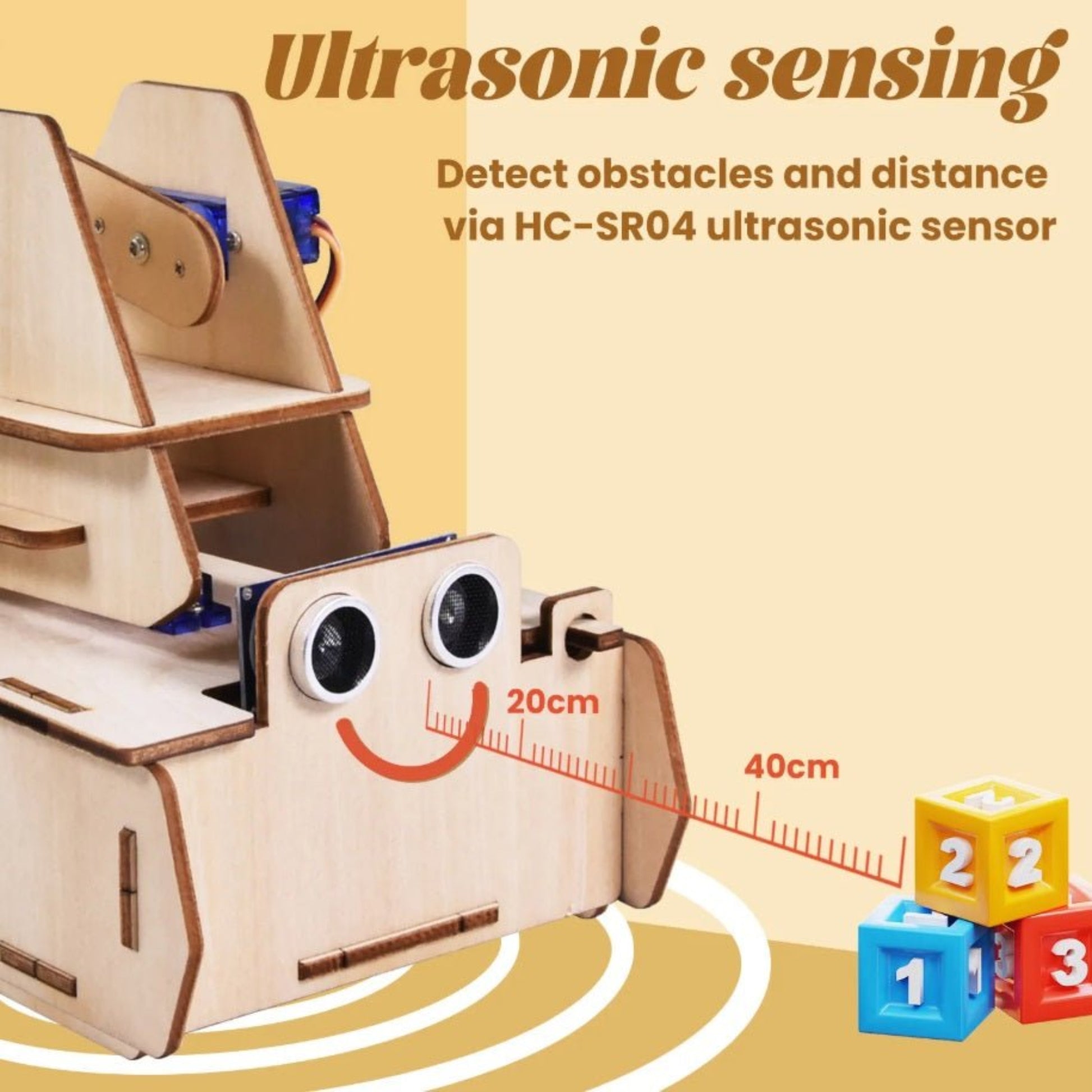 Ultrasonic sensing learning kit with HC-SR04 sensor for detecting distance and obstacles, featuring a smiling robot design.