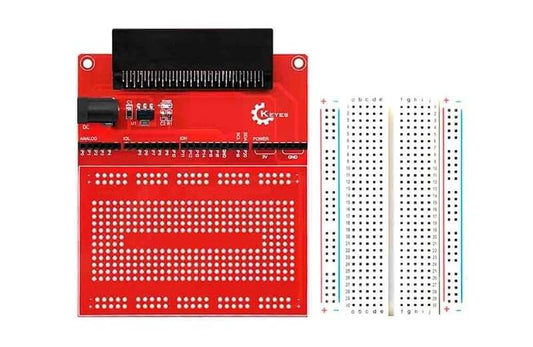 Micro:bit expansion board with breadboard, featuring AMS1117 chip for versatile microcontroller projects.