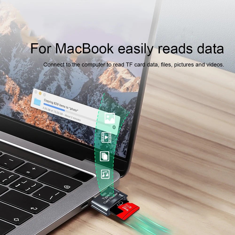 Type-C card reader connected to MacBook, easily transferring data from TF card, showcasing plug-and-play functionality.