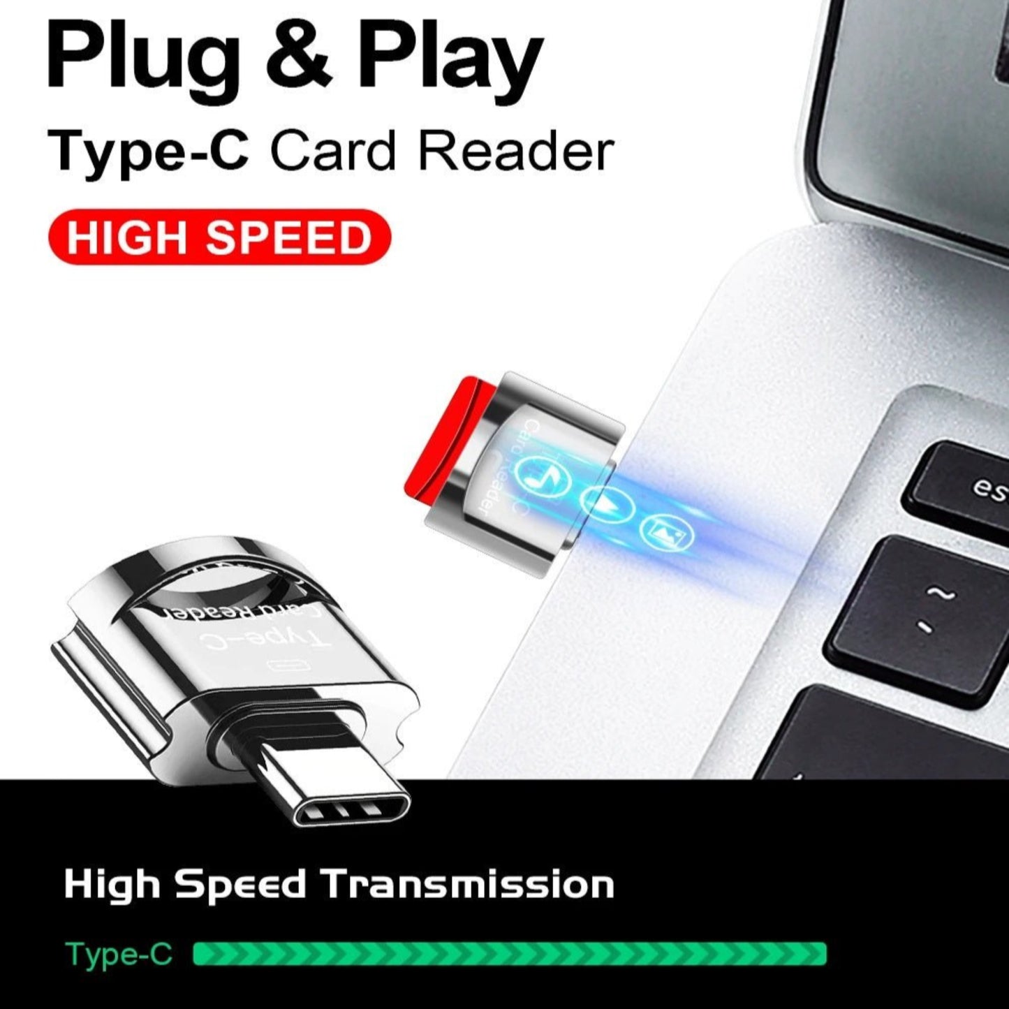 Type-C card reader plugged into a laptop, showcasing high speed data transmission and plug-and-play functionality.