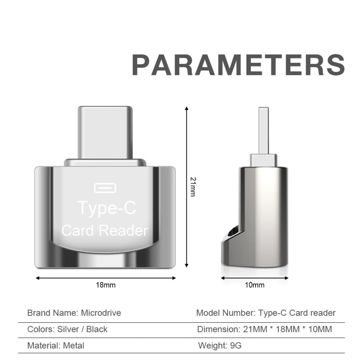 Type-C Card Reader parameters including dimensions and materials, showing silver color and design for USB-C connectivity.