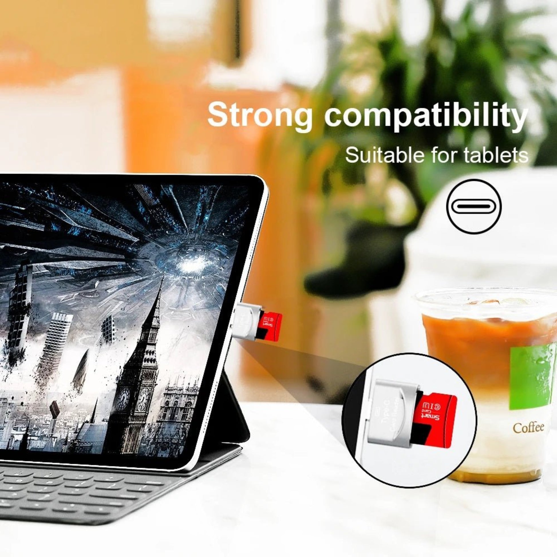 Type-C card reader connected to tablet, highlighting strong compatibility and ease of use for memory card transfers.