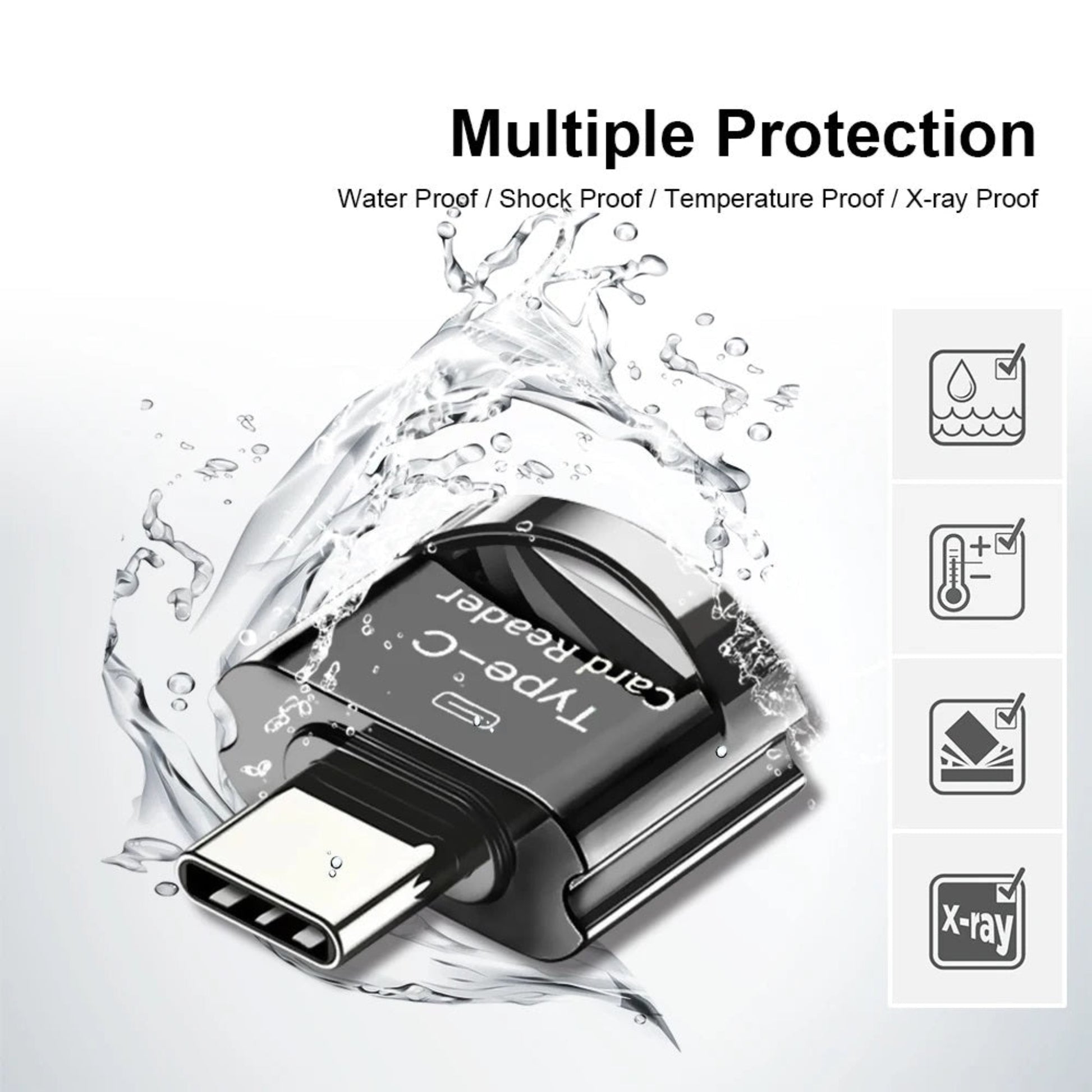 Type-C card reader with multiple protection features: waterproof, shockproof, temperature proof, and X-ray proof.