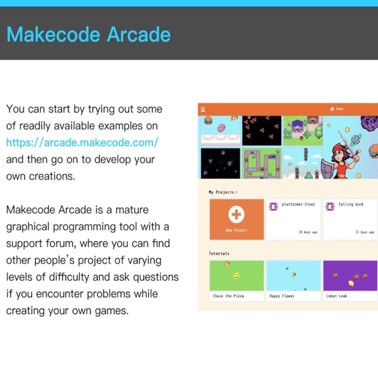 Microsoft MakeCode Arcade online platform dashboard featuring sample projects and graphical coding tutorials.