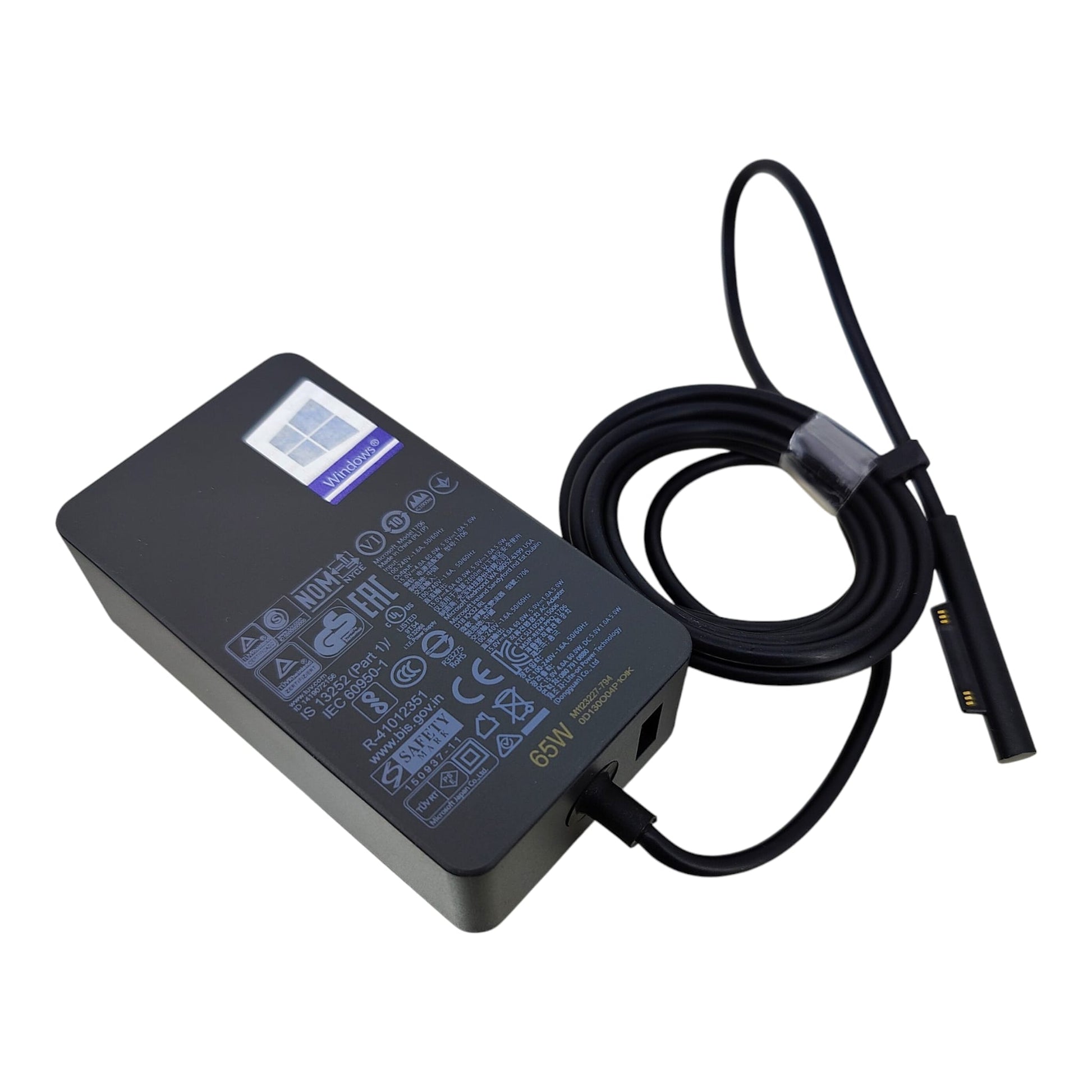 Infographic showing the 65W charger compatibility with Surface Pro, Laptop, and Go series.