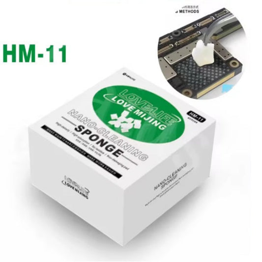 MIJING HM-11 Nano Cleaning Sponge box with example of cleaning a phone motherboard.