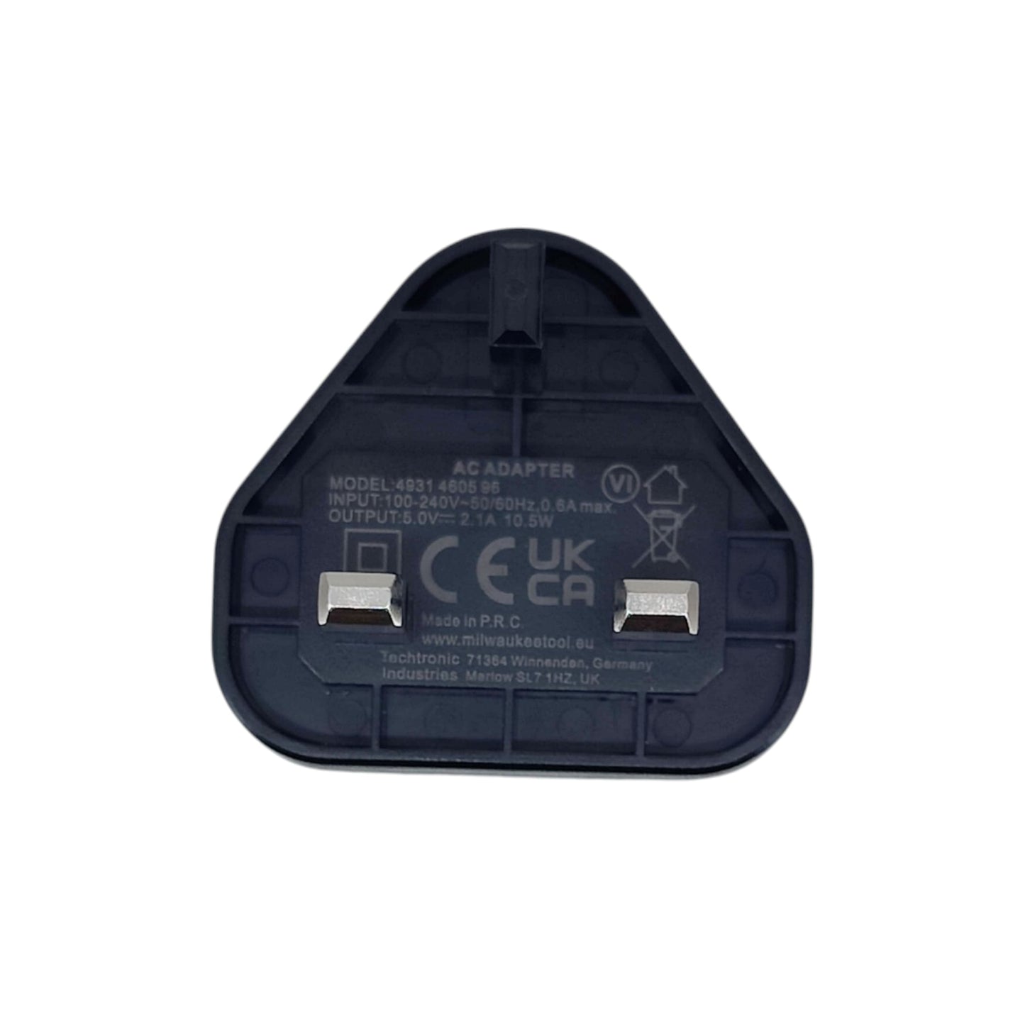 Bottom view showing 5V 2.1A output specifications and CE UKCA safety marks.