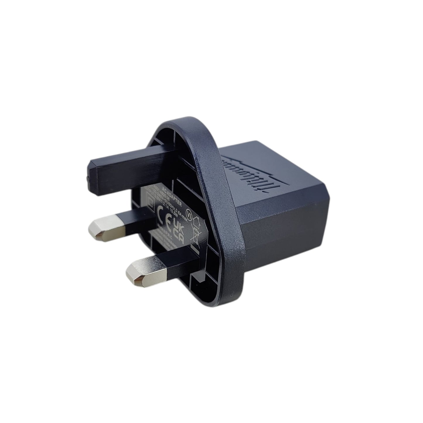 Front view of the Milwaukee 5V 2.1A USB power adapter UK plug.