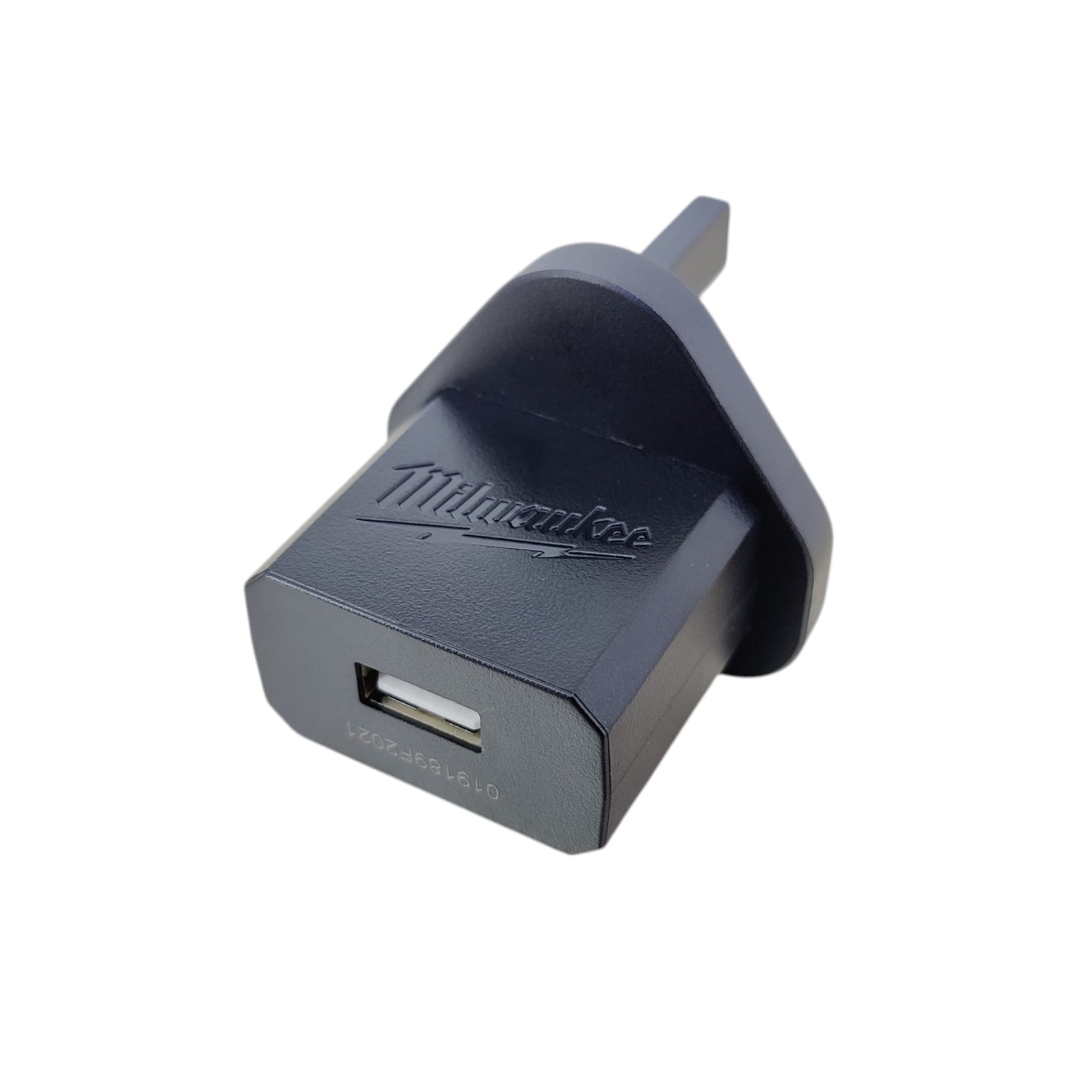 Top view showing the single USB-A port and embossed Milwaukee logo.