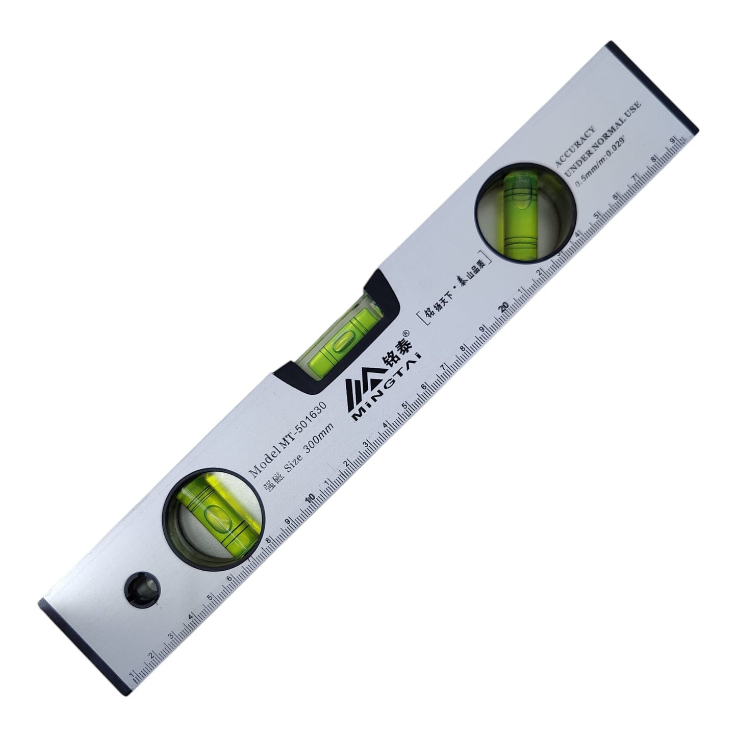 Mingtai MT-501630 30cm magnetic aluminum spirit level with 0.5mm/m high-precision vials.