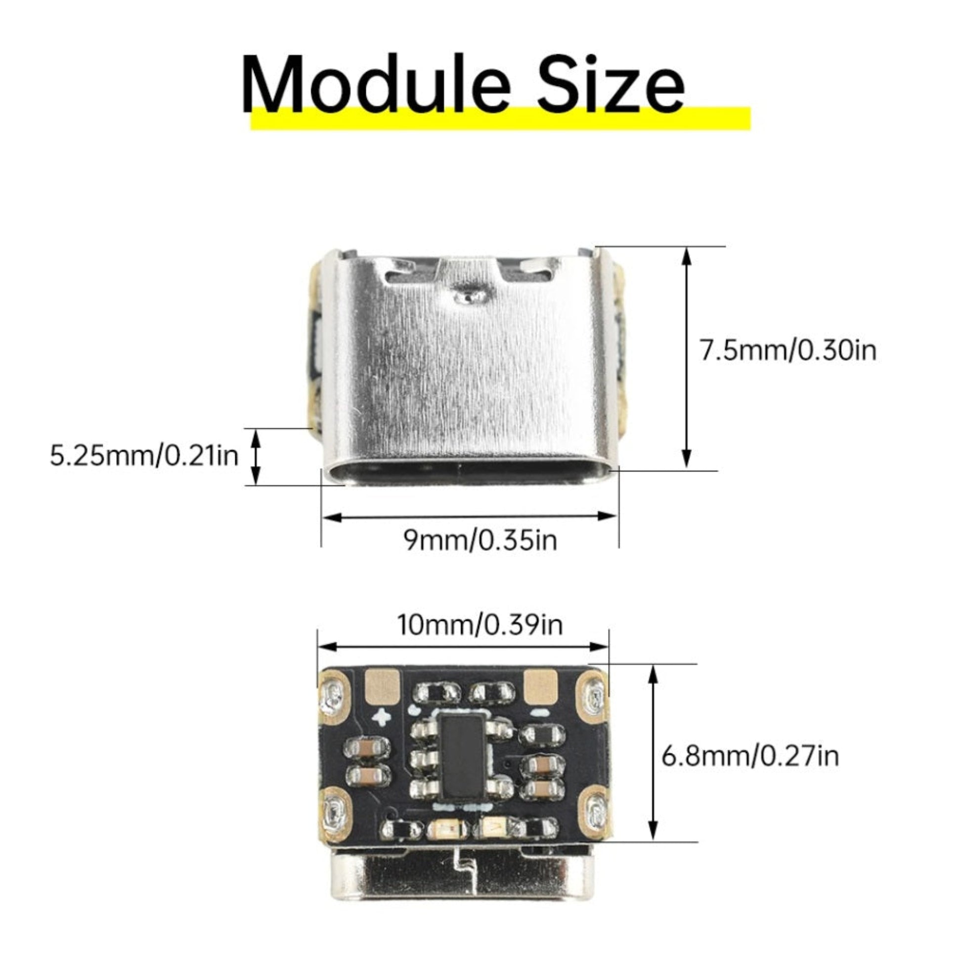 微型充電模組尺寸圖解，清晰標示長度僅 10mm、闊度 7.5mm 及高度 5.2mm。