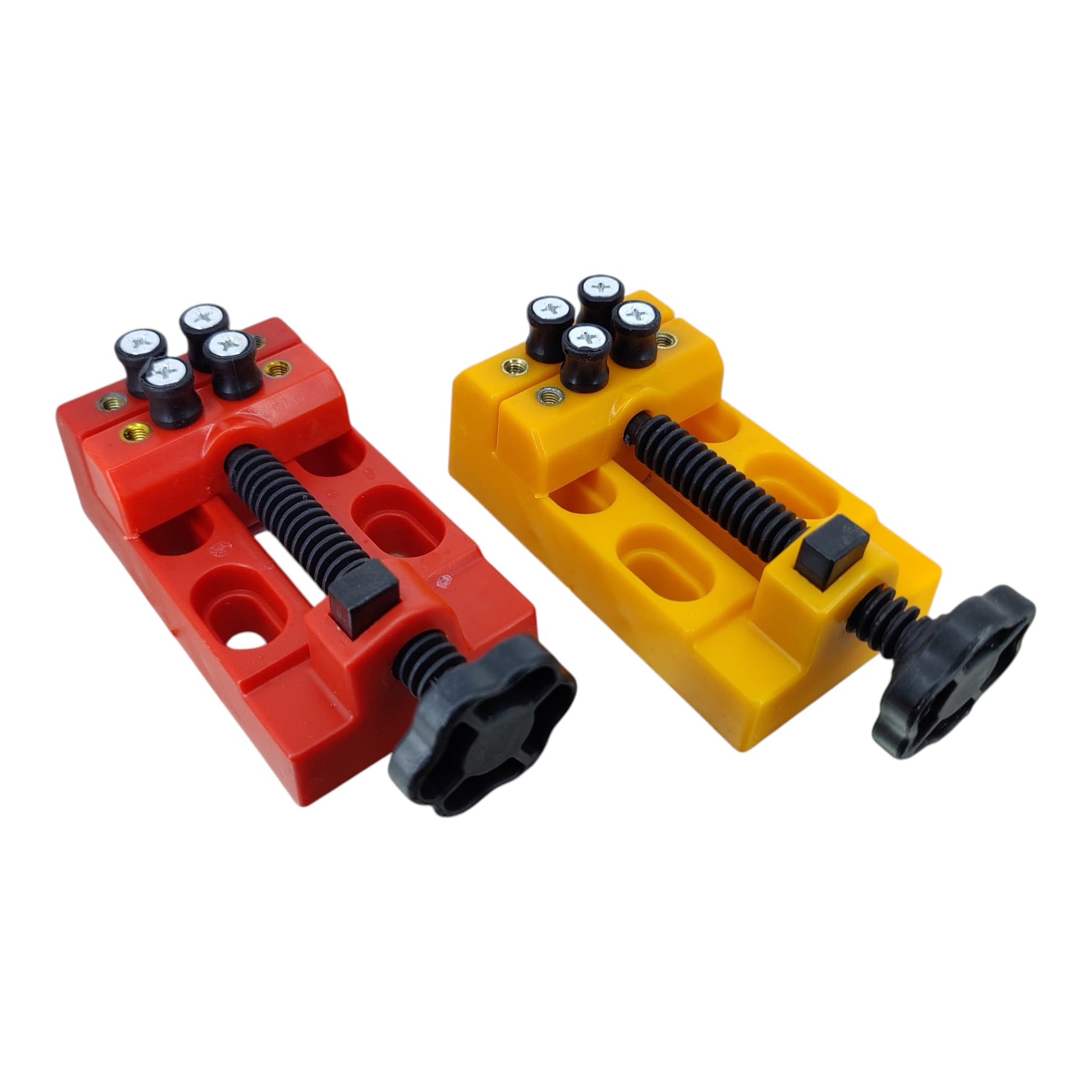 Mini desktop bench vise shown in both red and orange colors side by side.