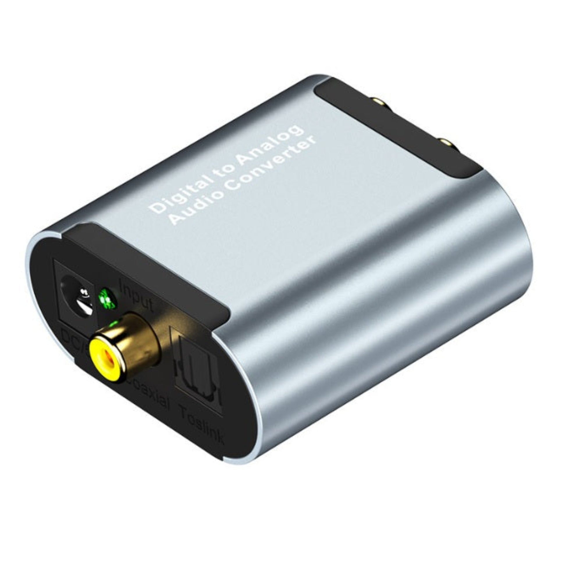 Mini digital to analog audio converter showing optical and coaxial inputs