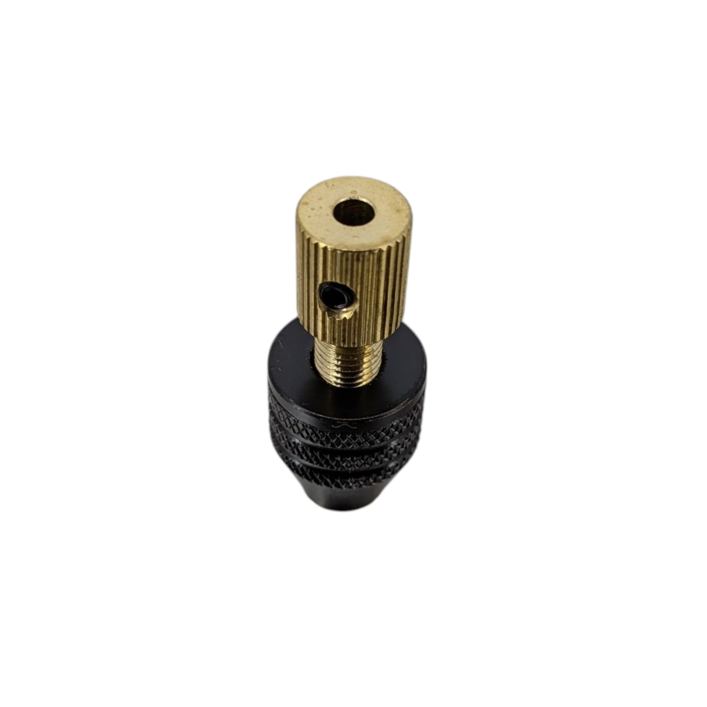 Side view of the mini drill chuck adapter showing the brass base with a 3.17mm tail hole and black knurled chuck body.
